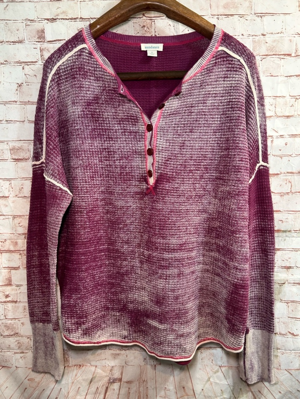 Sundance Gentry Waffle Knit Henley Thermal Top Size Small Mineral Washed Magenta - Picture 2 of 6